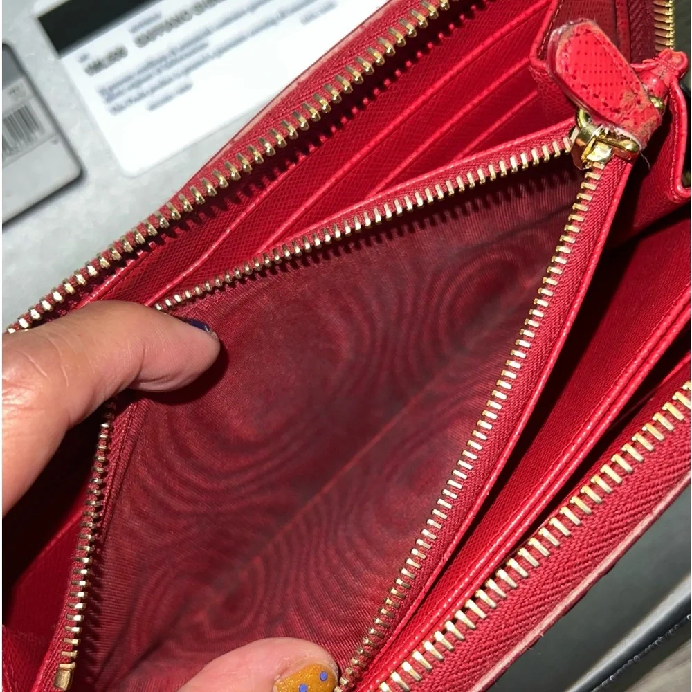 Auth PRADA Bundle Long Wallet Saffiano Shine Fuoco Red Leather, Box & Card - Picture 9 of 12